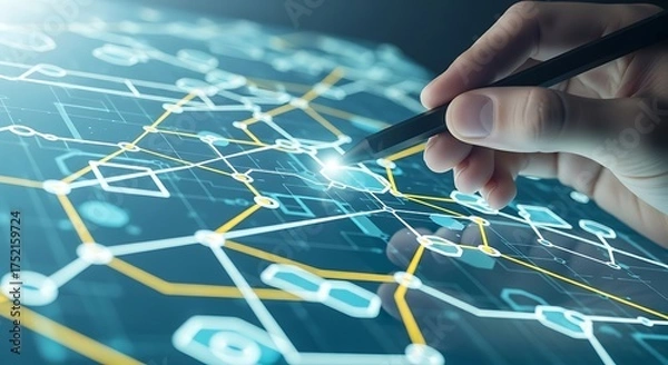 Obraz Hand Interacting with Digital Network Map on Screen.