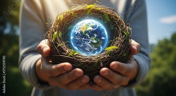Obraz Hands holding a nest with glowing Earth inside symbolizing environmental protection and care.