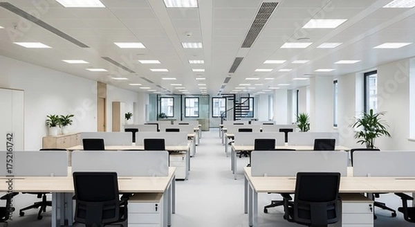Fototapeta Modern Empty Office Space with Rows of Desks and Chairs.