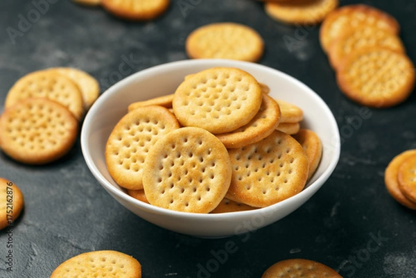Fototapeta Cheese baked cheddar crackers in a white bowl