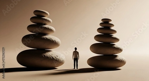 Obraz Small Figure Between Two Tall Stone Stacks Representing Balance and Perspective.
