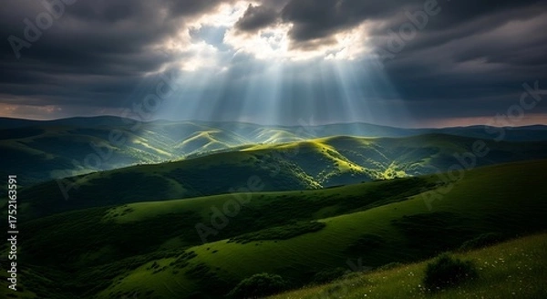 Obraz Sunbeams breaking through dramatic clouds over rolling green hills.
