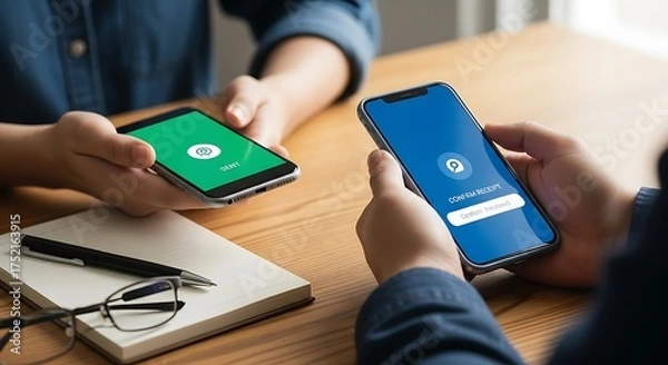 Fototapeta Two people using smartphones for mobile banking or payment apps, showcasing digital transactions and financial technology.