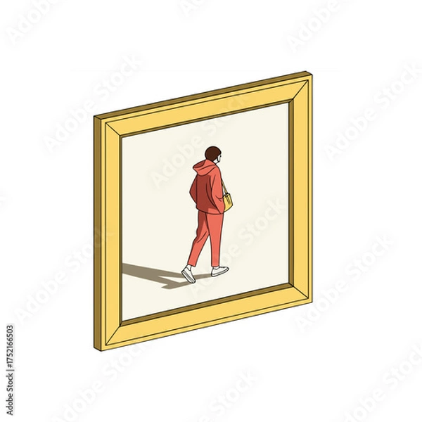 Fototapeta Isometric Vector Illustration of Person in Hoody Walking Inside a Yellow Picture Frame