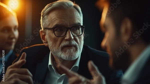 Obraz Mid-range shot of business leaders discussing the impact of AI on marketing strategies, close-up shot, in a conference room, using composition techniques, with warm light