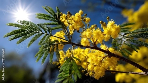Obraz Mimosas in full bloom, photographed under a clear sky with vibrant sunlight