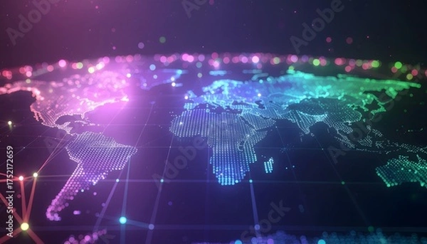 Fototapeta Digital World Map with Glowing Nodes and Lines