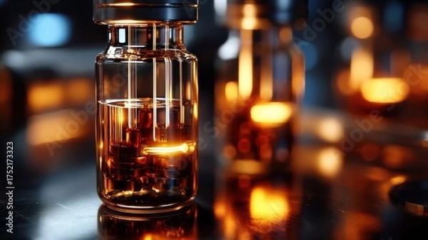 Obraz Medicine, close-up shot, in a laboratory, minimalistic composition, with warm lighting tones