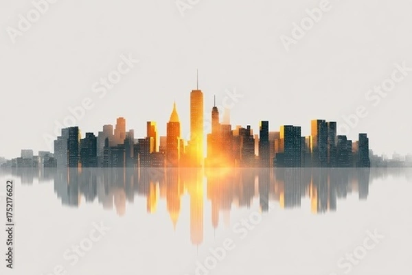 Obraz Modern city skyline reflected on calm water with warm golden sunlight illuminating the buildings against a soft white background