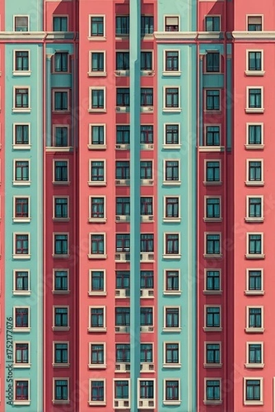 Obraz Colorful facade of modern apartment building with geometric windows in pink and turquoise tones creating a symmetrical urban pattern