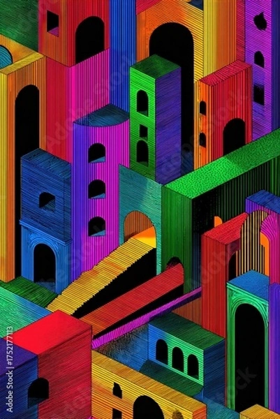 Obraz Abstract geometric cityscape in vibrant rainbow colors with arches and staircases creating a surreal architectural composition