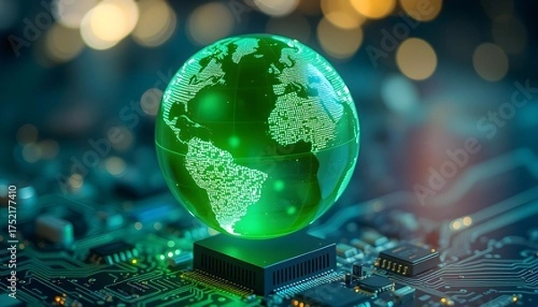 Fototapeta A glowing green earth rests on a computer chip, symbolizing the intersection of technology and environmental sustainability.