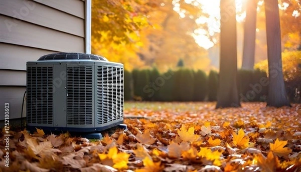 Fototapeta An outdoor air conditioning unit sits amongst fallen autumn leaves next to a house at sunset.