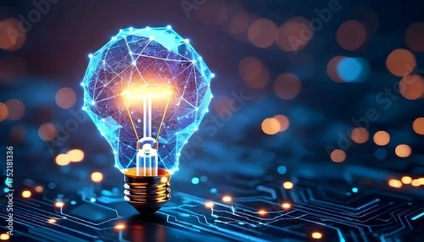 Fototapeta A glowing digital lightbulb representing innovation and technology, set against a backdrop of blurred lights and circuitry.