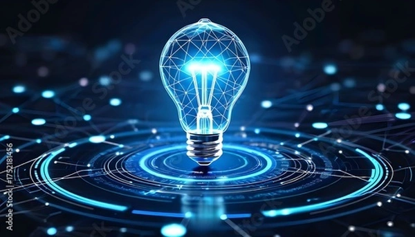 Fototapeta A glowing digital lightbulb symbolizing innovation, ideas, and futuristic technology over a network interface.