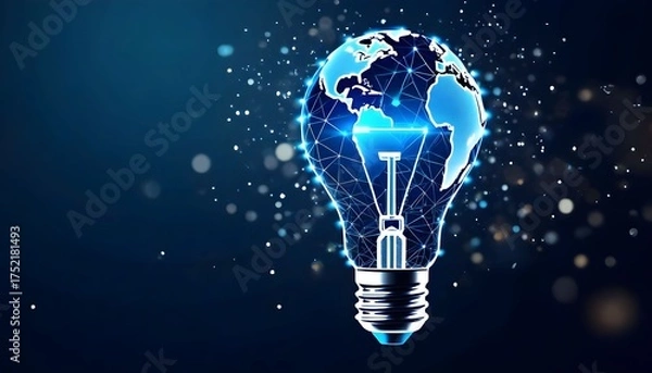 Fototapeta A glowing blue lightbulb with a wireframe Earth on top, symbolizing global innovation and ideas.