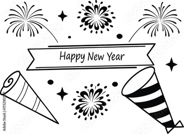 Fototapeta Festive happy new year celebration banner with party poppers and fireworks