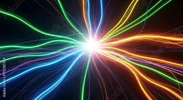 Fototapeta Abstract glowing neon light streaks radiating from a bright central point in a dark, futuristic, digital art background, vibrant energy burst