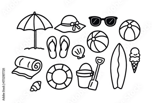 Fototapeta Vector Beach essentials icons: umbrella, hat, sunglasses, flip-flops, beach ball