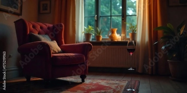 Fototapeta Peaceful Post-Drinking Relaxation Empty Wine Glass and Armchair in Dimly Lit Room