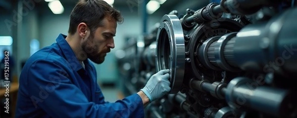 Fototapeta Technician Performing Meticulous Machinery Inspection for Preventive Maintenance in Industrial Workshop