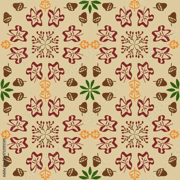 Fototapeta Hand Drawn Fall Leaves and Acorn Seamless Pattern