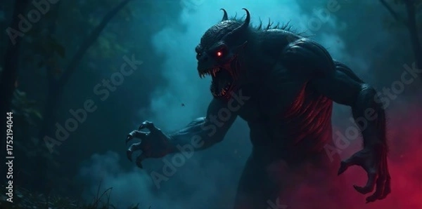 Fototapeta Monstrous Shadow Figure Screaming in Darkness, Claws Outstretched, Terror and Dread