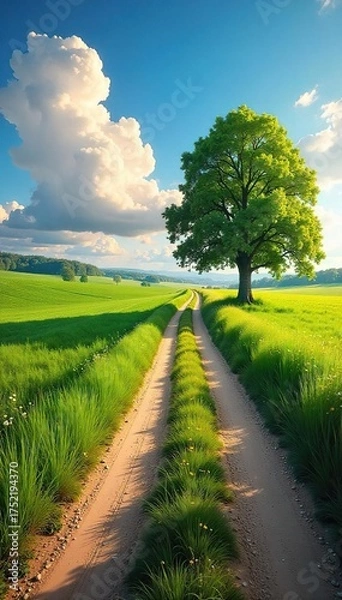 Fototapeta Winding Country Road Journey Lush Green Fields, Ancient Trees, Summer Sky