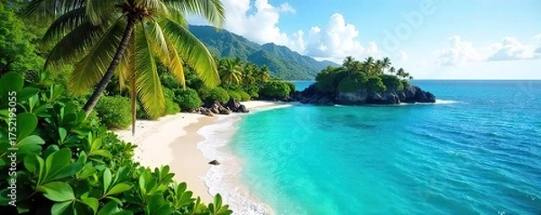 Fototapeta Tropical Island Paradise Pristine White Sand Beach, Turquoise Ocean, Lush Green Foliage - Idyllic Vacation Getaway