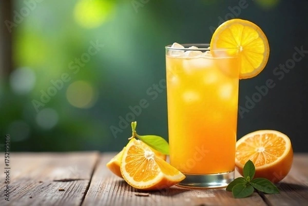Fototapeta Sparkling Summer Citrus Drink Refreshing Orange & Lemon Juice with Ice, Perfectly Garnishing a Glass