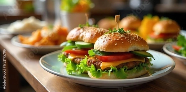 Fototapeta Delicious Luncheon Buffet Sandwiches, Salads, & Fruit for Business Meetings, Casual Gatherings, or Office Parties