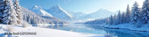 Fototapeta Serene Winter Wonderland Snow-Covered Forest, Frozen Lake, and Majestic Mountains