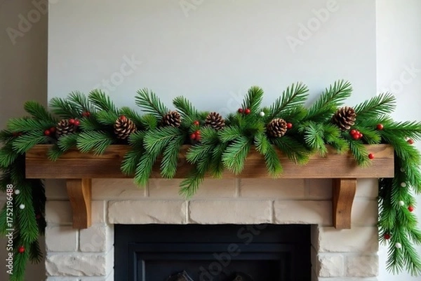 Fototapeta Elegant Artificial Evergreen Garland Draped on Rustic Mantelpiece with Pinecones and Berries ? Perfect Winter or Holiday Decor