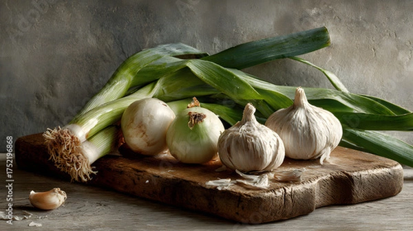 Fototapeta Garlic onion leek bulb root vegetable rustic wooden board kitchen fresh organic Aromatic garlic and onion with leek rustic wooden board