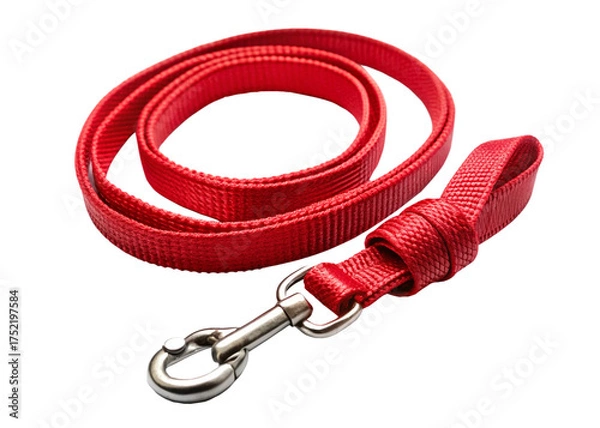 Obraz Red nylon dog leash laying on clear surface, highlighting quality pet equipment with minimalist design aesthetic isolated on white background