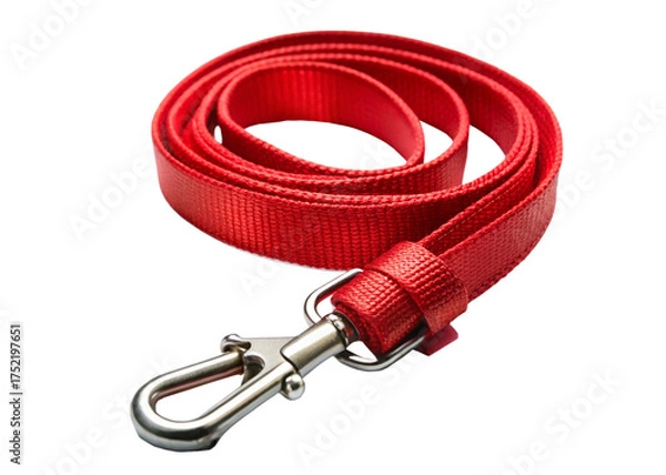 Obraz Red nylon dog leash laying on clear surface, highlighting quality pet equipment with minimalist design aesthetic isolated on white background