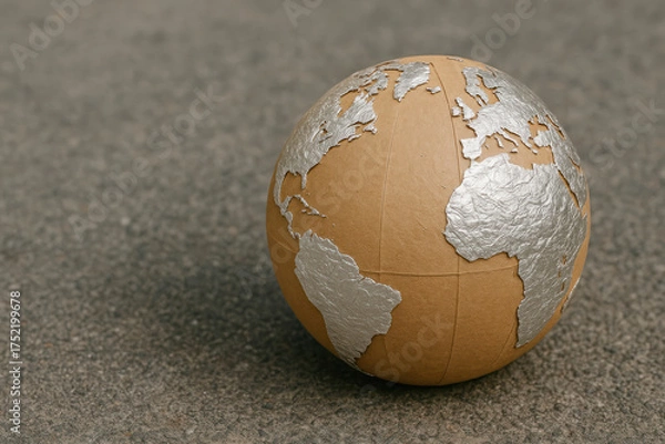 Fototapeta A cardboard globe with silver continents on the asphalt. Space for text.