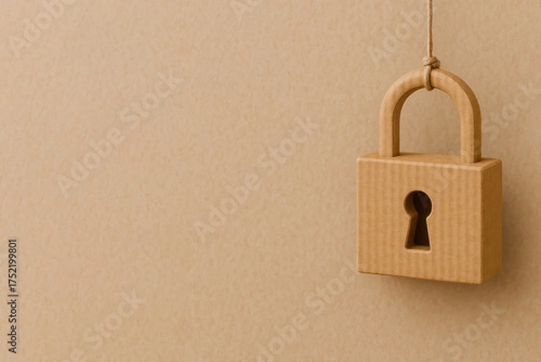 Fototapeta A cardboard padlock on a rope against the wall. Space for text.
