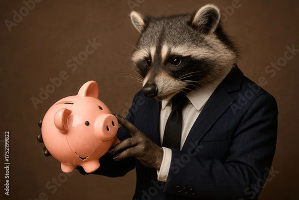 Fototapeta A raccoon in a business suit holds a pink piggy bank.