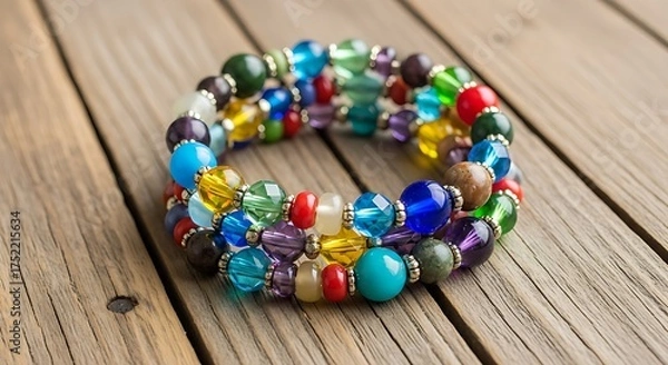 Fototapeta Colorful beaded memory wire bracelet with vibrant glass beads on a rustic wooden background