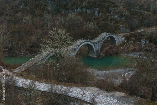 Obraz View of the traditional stone Kalogeriko or Plakidas bridge with cobblestone path on a winter day, Zagori, Epirus, Greece