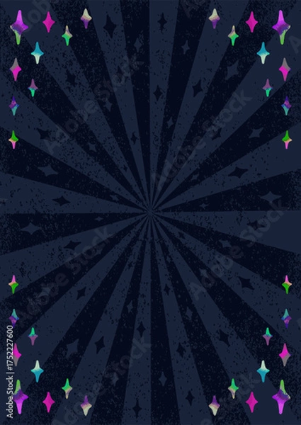 Fototapeta Retro dark background with colorful stars. Abstract vector magic vintage template with crystals. Vertical design for banner, poster,card. All elements, textures are individual objects