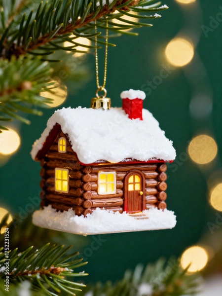 Obraz 성탄절 크리스마스 트리에 매달린 집 모양 장식, 눈 쌓인 통나무 집
