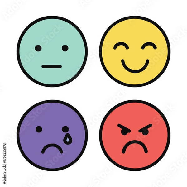 Fototapeta Colorful Emoji Faces Set Representing Different Emotions – Happy, Sad, Angry, Neutral Icons