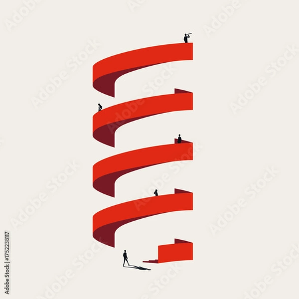 Fototapeta Minimalist illustration in a vector format. Abstract symbol of people climbing a spiral staircase, representing the competitive corporate ladder and career ambition.