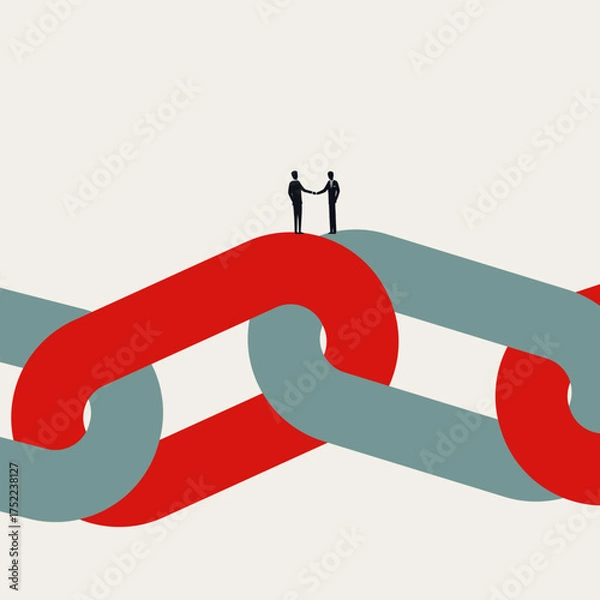 Fototapeta Abstract business vector symbol of a handshake on a strong chain link. This minimalist illustration represents partnership, trust, agreement, and strong collaboration.