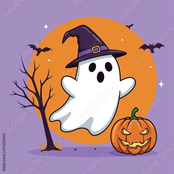 Obraz Cute Halloween Ghost Vector Illustration with Pumpkin