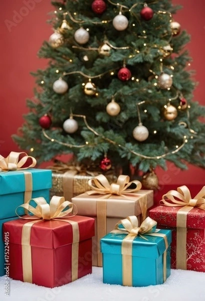 Fototapeta Blue gift boxes with orange ribbons and Christmas tree on red background, festive holiday decoration scene.