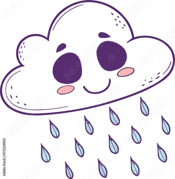 Fototapeta Cute cartoon pink pig icon with a rain cloud and heart-shaped rain drops, a funny vector illustration for a baby card design.