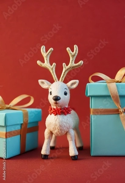 Obraz Blue gift boxes with orange ribbons and Christmas tree on red background, festive holiday decoration scene.